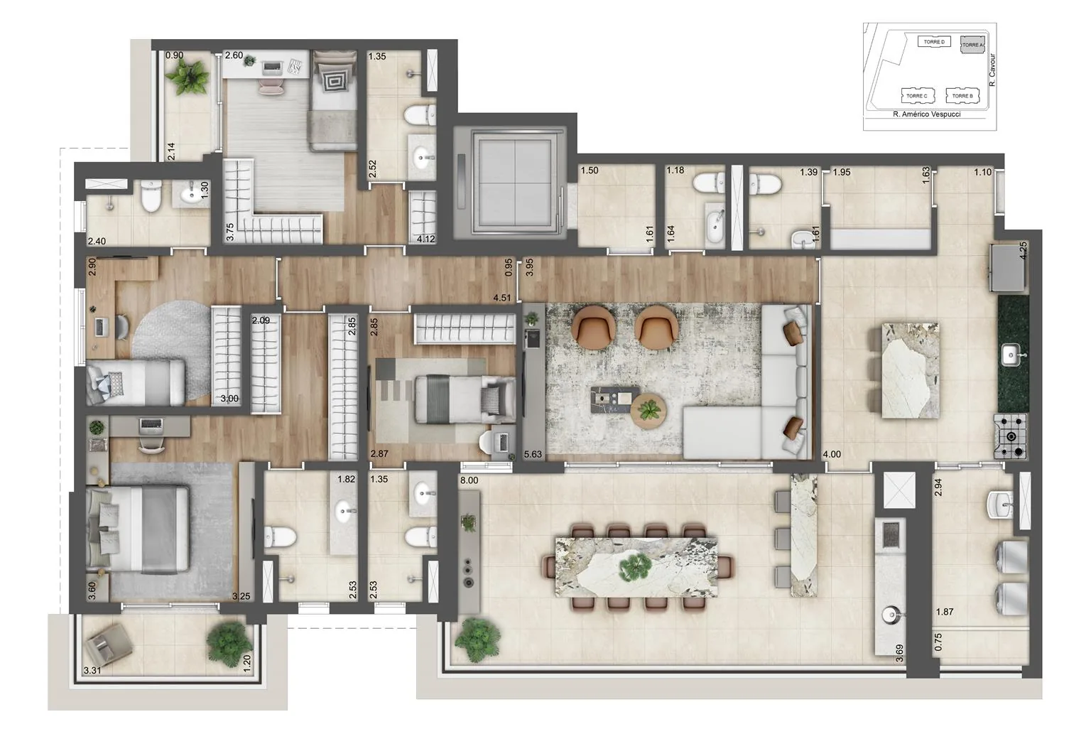 Planta tipo 188 m² com 4 suítes da Torre A