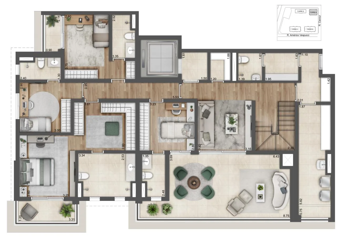 Planta duplex 350 m² com 4 suítes da Torre A