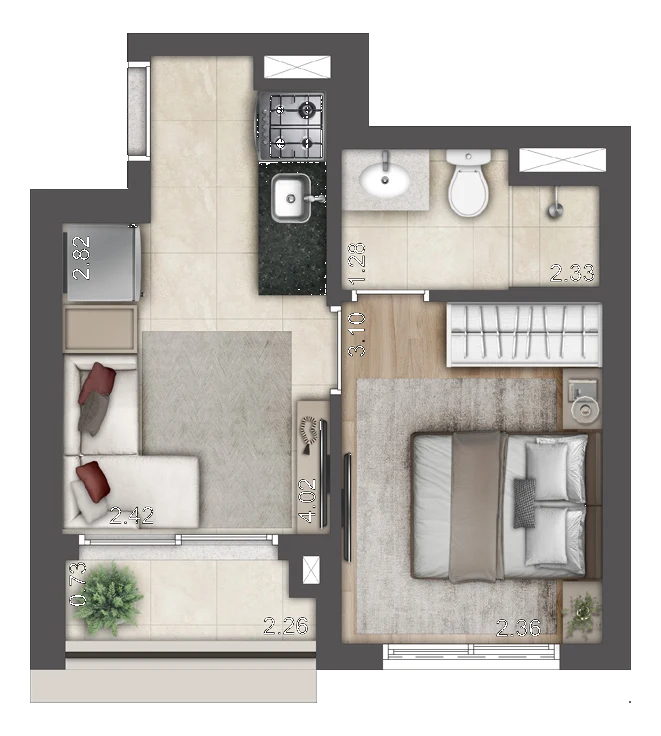 Planta Tipo Torre E · 26,33 m² · 1 dormitório