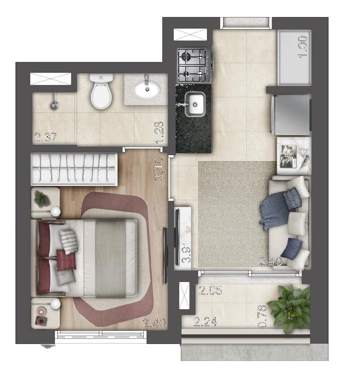 Planta Tipo Torre E · 27,07 m² · 1 dormitório