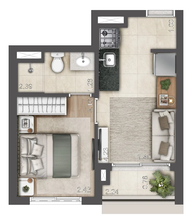 Planta Tipo Torre E · 28,78 m² · 1 dormitório
