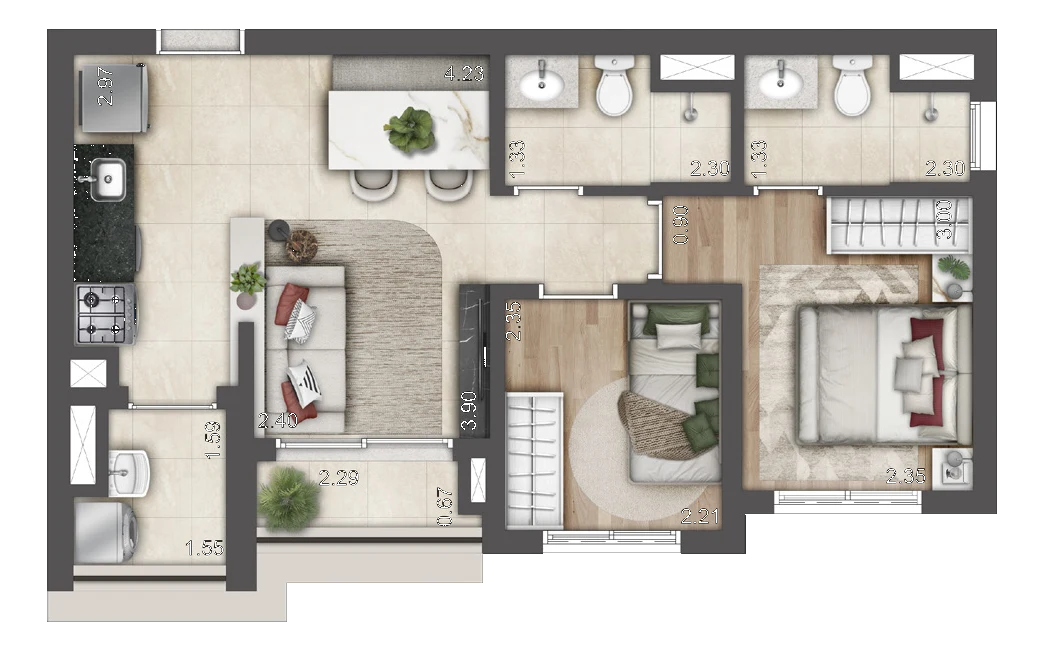 Planta Tipo Torre E · 48,74 m² · 1 dormitório com suíte